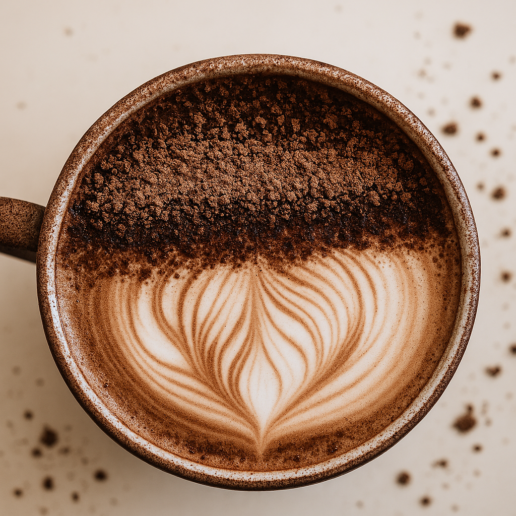 A cup of coffee with latte art and cocoa powder